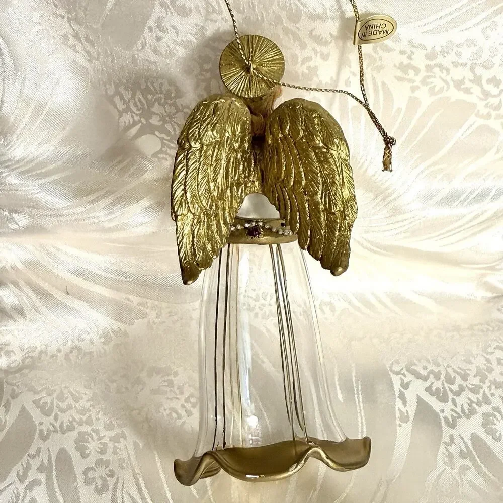 VTG Christmas Harp Angel Holiday Tree Ornament Clear Glass Flute Bell Skirt 4”